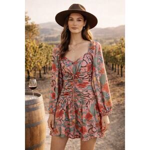 Finders Keepers Floral Ruched Front Long Sleeve Mini Dress Size 6 Boho Feminine